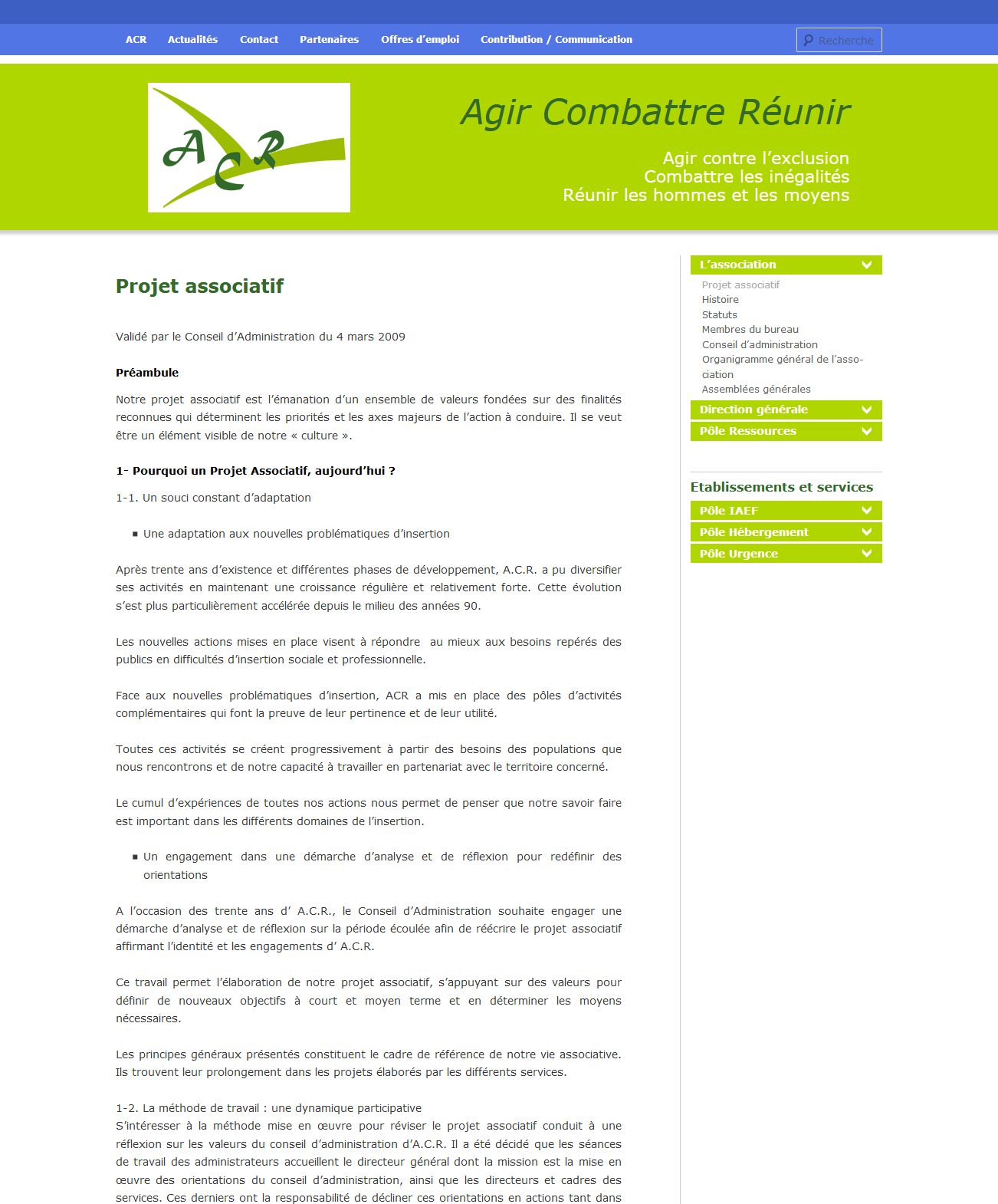 Site internet associatif d'ACR, Projet associatif