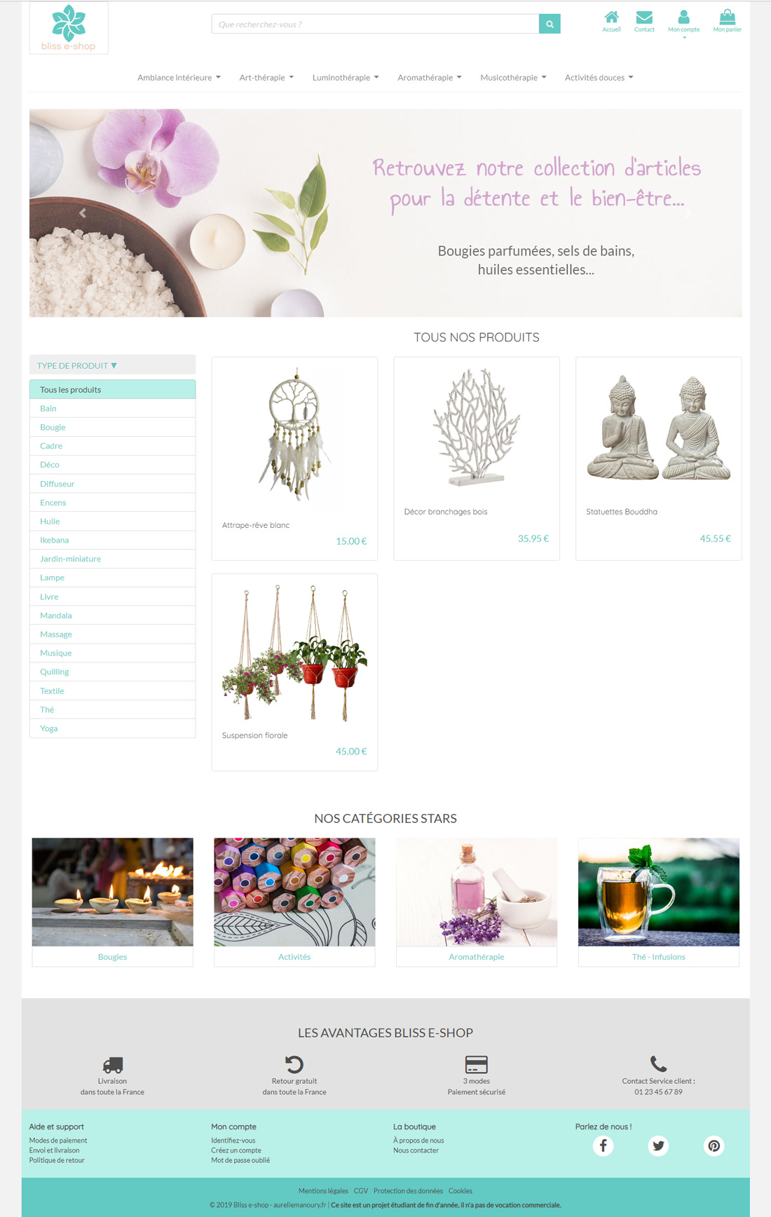 Site fictif de Bliss e-shop - Homepage catalogue - projet d'étude