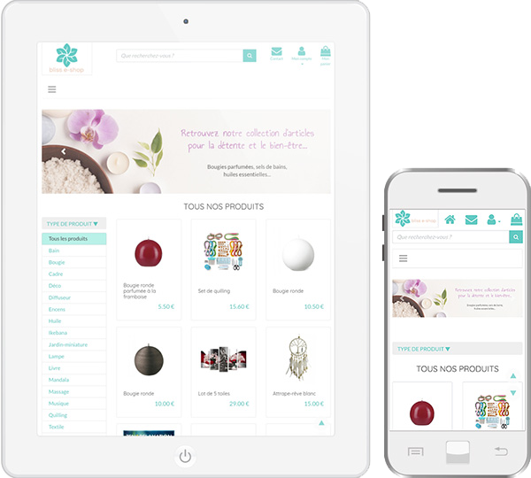 Site fictif de Bliss e-shop - version mobile et tablette - projet d'étude